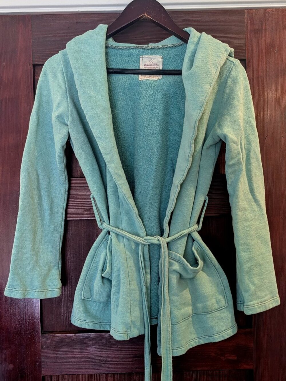 Small Turquoise Bohemian Folk Hooded Wrap Short Jacket Fleece Hemp Cotton